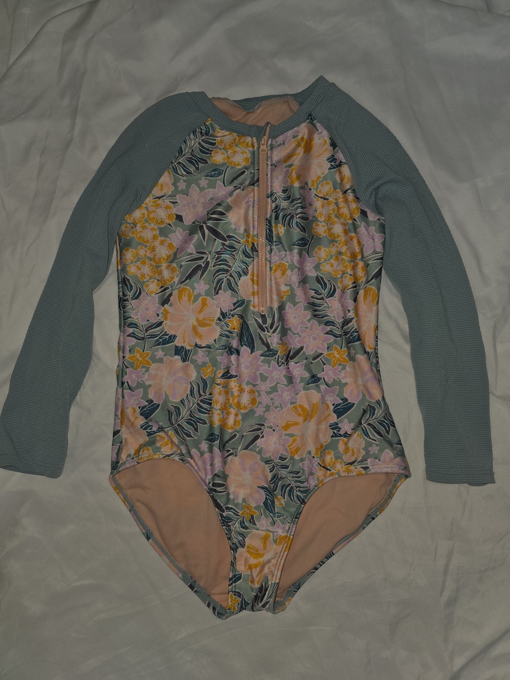 Girls Cat & Jack Size 12 Floral Long-Sleeve Rash Guard Swimsuit - Pink & Teal